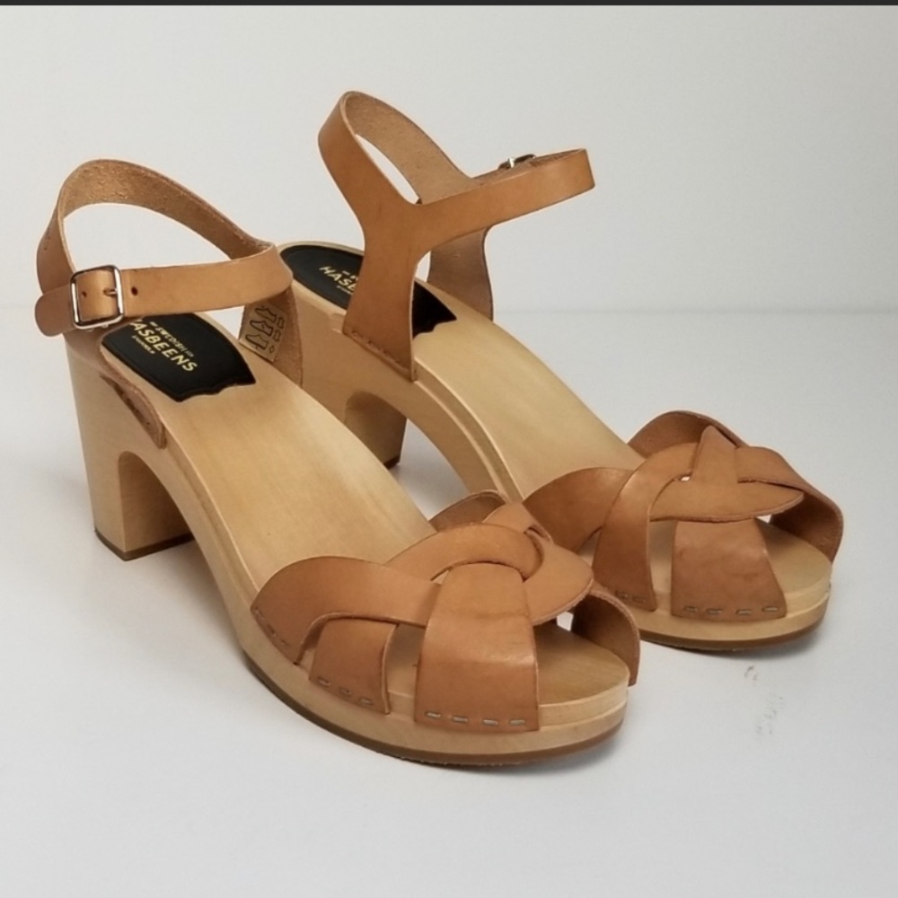 SWEDISH HASBEENS KRINGLAN NATURE BRAIDED LEATHER TOE WOODEN HEELS 40 NWOT